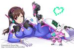  ;p bodysuit breasts brown_eyes brown_hair bunny d.va_(overwatch) facial_mark gun headphones large_breasts long_hair looking_at_viewer lying meka_(overwatch) one_eye_closed overwatch pilot_suit skin_tight solo the-sinner tongue tongue_out weapon whisker_markings 