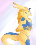  anthro armpits avian clothed clothing dragon ear_piercing female half-closed_eyes horn hornedfreak hybrid looking_at_viewer piercing simple_background solo 