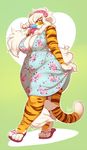  4_toes big_breasts breasts buxbi buxbi_(character) claws cleavage clothed clothing feline flip_flops food footwear fur hair mammal orange_fur popsicle slightly_chubby stripes sundress tiger toe_claws toes voluptuous white_hair wide_hips 