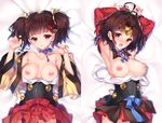  armpits arms_up bad_id bad_pixiv_id bare_shoulders bed_sheet blush breasts brown_hair choker dakimakura detached_sleeves hair_ornament hayakawa_harui koutetsujou_no_kabaneri large_breasts looking_at_viewer lying multiple_views mumei_(kabaneri) nipples on_back open_mouth pleated_skirt red_eyes red_skirt ribbon ribbon_choker short_hair skirt twintails 