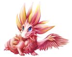  ambiguous_gender blue_eyes capcom chibi chibity feathers feral fluffy fur leviathan_(mh) monster_hunter pink_feathers pink_fur pink_scales quadruped scales scalie simple_background smile solo tamamitsune video_games white_background 
