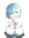  black_dress blue_eyes blue_hair blush breasts detached_sleeves dress face frills hair_ornament hair_over_one_eye head_tilt highres kyounami large_breasts looking_at_viewer maid maid_headdress open_mouth re:zero_kara_hajimeru_isekai_seikatsu rem_(re:zero) ribbon short_hair smile solo tears upper_body x_hair_ornament 