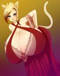  2016 animal_humanoid bent_over big_breasts blonde_hair blue_eyes blush breasts cat_humanoid cleavage clothed clothing dress feline female freckles fur hair hi_res huge_breasts human humanoid hyper hyper_breasts lips long_hair looking_at_viewer mammal pastelletta smile solo yellow_fur 