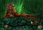  amber_eyes anthro braided_hair claws detailed_background ear_piercing feline female flashw fur hair jungle looking_at_viewer lying mammal nude orange_fur outside paws piercing pink_nose solo stripes tiger water 