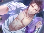  1boy abs bishounen blurry blurry_background brown_hair collarbone commission hair_between_eyes izumi_(stardustalone) male_focus medium_hair open_clothes open_shirt ribbon_trim shirt solo upper_body white_shirt 