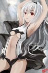  air_defense_hime armpits arms_up bangs bare_shoulders breasts commentary_request eyebrows eyebrows_visible_through_hair grey_background grin hair_between_eyes hairband kantai_collection long_hair red_eyes shinkaisei-kan small_breasts smile solo underboob very_long_hair white_hair white_skin yanagi_wakana 