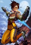  bodysuit bomber_jacket brown_hair character_name commentary completion_time cropped_jacket dual_wielding full_body full_moon gloves goggles green_eyes gun handgun high_collar highres holding jacket making_of moon orange_bodysuit overwatch pistol ryu_shou shoes short_hair sneakers solo spiked_hair tracer_(overwatch) weapon 