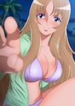  aquila_yuna beach bikini blue_eyes blurry breasts brown_hair cleavage collarbone depth_of_field green_jacket jacket large_breasts long_hair night open_clothes open_jacket outdoors palm_tree purple_bikini saint_seiya_omega smile solo swimsuit tree yadokari_genpachirou 