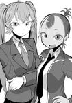  blazer crossed_arms greyscale hand_on_hip jacket ken_(koala) long_hair looking_at_viewer monochrome multiple_girls necktie open_mouth original school_uniform simple_background twintails white_background 