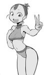  bare_shoulders greyscale hand_on_own_chest ken_(koala) looking_at_viewer md5_mismatch monochrome open_mouth original simple_background smile solo swimsuit tied_hair v white_background 