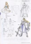  armor armored_dress blonde_hair character_sheet clalaclan_philias concept_art crown dress gauntlets green_eyes hair_ornament hand_on_hip highres holding holding_weapon lineart long_hair low-tied_long_hair panties ribbon shield shining_(series) shining_wind simple_background sword tanaka_takayuki translation_request underwear weapon 