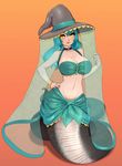  2016 big_breasts blue_hair bra bracelet breasts choker cleavage clothed clothing female grey_skin hair hat hi_res jewelry lamia lips long_hair looking_at_viewer nails pastelletta ring solo underwear white_skin wide_hips yellow_eyes 