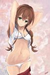  armpits arms_up bra braid breasts brown_hair commentary_request eyebrows eyebrows_visible_through_hair green_eyes kantai_collection light_smile long_hair looking_at_viewer medium_breasts navel noshiro_(kantai_collection) panties parted_lips solo twin_braids underwear undressing white_bra white_panties yanagi_wakana 
