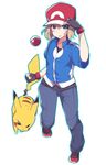  baseball_cap blonde_hair blush cosplay fingerless_gloves gen_1_pokemon gloves hat looking_at_viewer miya_ur pikachu pokemon pokemon_(anime) pokemon_(creature) pokemon_xy_(anime) satoshi_(pokemon) satoshi_(pokemon)_(cosplay) serena_(pokemon) short_hair smile white_background 