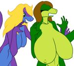  anthro ashley_brooks big_breasts blonde_hair breasts brown_hair duo female green_eyes hair huge_breasts lizard reptile samantha_brooks sarcolopter scalie sibling simple_background sisters standing white_background 