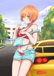  absurdres bare_arms bare_shoulders bikini blurry breasts building crop_top day denim denim_shorts depth_of_field food green_eyes hair_between_eyes highres hoshizora_rin looking_at_viewer love_live! love_live!_school_idol_project mazda_rx-7 natsuiro_egao_de_1_2_jump! outdoors popsicle red_bikini short_hair shorts small_breasts solo stomach strap_slip swimsuit taotao tree 