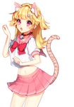  animal_ears bell bell_collar blonde_hair bow collar crop_top earrings fang hair_ornament hairclip jewelry jingle_bell looking_at_viewer midriff navel nishita open_mouth original paw_pose pink_eyes pink_skirt pleated_skirt school_uniform serafuku simple_background skirt slit_pupils solo tail tiger_ears tiger_tail two_side_up white_background 