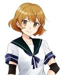  bad_id bad_pixiv_id bandaid bandaid_on_face brown_hair collarbone elbow_pads kantai_collection oboro_(kantai_collection) pomuta_(tama922) remodel_(kantai_collection) school_uniform serafuku short_hair short_sleeves simple_background smile solo upper_body white_background 