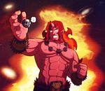  abs beard disgaea facial_hair fire horn jewelry leomon32 long_hair makai_senki_disgaea_5 male_focus navel necklace planet pointy_ears red_hair red_magnus red_skin shirtless solo teeth 