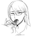  bar_censor censored fellatio fukumaaya glasses greyscale handjob long_hair monochrome oral penis pointless_censoring simple_background sketch solo_focus white_background 