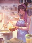  apron bangs blender bowl breasts brown_eyes brown_hair chromatic_aberration cooking dishes food hachifuku hair_bun hairband head_scarf highres holding holding_bowl housewife indoors jar kitchen ladle large_breasts light_particles light_smile long_sleeves microwave mole mole_under_eye nabe original pot print_apron purple_hairband raindrop_print ribbed_sweater shelf short_hair smile solo spatula sunlight sweater 