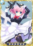  black_legwear blue_eyes card_(medium) garter_straps grisaia_(series) grisaia_no_kajitsu gun h&amp;k_mp5 h&amp;k_mp5k handgun heckler_&amp;_koch holding holding_gun holding_weapon indoors komine_sachi maid maid_headdress pink_hair pistol short_hair sig_sauer sig_sauer_p220 smile solo submachine_gun thighhighs weapon 