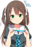  blush brown_hair closed_mouth commentary_request dated eyebrows_visible_through_hair face green_eyes hair_ribbon holding holding_pencil long_hair looking_at_viewer mechanical_pencil neckerchief original pencil ragho_no_erika ribbon school_uniform serafuku short_sleeves signature smile solo two_side_up upper_body 