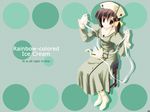  bandages brown_eyes brown_hair chair copyright_request dress full_body green_background green_dress holding juliet_sleeves long_sleeves looking_at_viewer nanao_naru puffy_sleeves short_hair simple_background solo wallpaper 