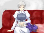  artist_request breasts closed_eyes couch dress fate/stay_night fate_(series) hand_on_another's_head illyasviel_von_einzbern lap_pillow large_breasts long_hair long_sleeves lying maid multiple_girls on_side red_eyes sella short_hair silver_hair sitting sleeping 
