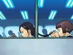  black_hair brown_hair cota_(artist) from_outside hair_ornament hair_tousle hairclip long_hair multiple_boys original short_hair window 