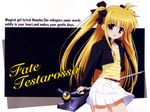  bardiche blonde_hair casual fate_testarossa hair_ribbon jacket jewelry long_hair long_sleeves lyrical_nanoha mahou_shoujo_lyrical_nanoha necklace okuda_yasuhiro open_clothes open_jacket open_mouth pleated_skirt red_eyes ribbon shirt skirt solo standing striped striped_shirt twintails wallpaper weapon white_skirt yellow_shirt 