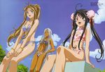  90s :d aa_megami-sama absurdres ahoge animal_print antenna_hair belldandy bikini black_hair blue_eyes bracelet breasts brown_eyes bun_cover casual_one-piece_swimsuit chain-link_fence cleavage cleavage_cutout cloud dark_skin day double_bun dutch_angle facial_mark fence flat_chest floral_print forehead_mark front-tie_top hand_on_hip highres jewelry legs long_hair long_legs medium_breasts megami multiple_girls nail_polish navel non-web_source official_art one-piece_swimsuit open_mouth outdoors pink_nails print_bikini print_swimsuit ribbon ring scan siblings side-tie_bikini sisters sitting skuld sky smile sports_bikini standing sugimoto_sachiko swimsuit tree twintails urd very_long_hair white_hair zebra_print 