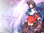  black_legwear blue_eyes brown_hair capelet feathers hinoue_itaru holding kanon long_sleeves misaka_shiori plaid red_skirt ribbon scarf short_hair skirt smile solo standing thighhighs zettai_ryouiki 