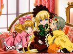  blonde_hair blue_eyes bonnet bow bowtie couch cross-laced_footwear curtains dress drill_hair flower green_bow green_eyes green_hair green_neckwear hair_ornament heart heart_hair_ornament hina_ichigo indoors kanaria kikuchi_toshihiro long_sleeves looking_at_viewer mirror multiple_girls on_couch pantyhose pink_bow puffy_long_sleeves puffy_pants puffy_sleeves red_dress rose rozen_maiden shinku sidelocks smile twintails wallpaper white_legwear window 