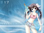  :d armpits bikini blue_eyes brown_hair collarbone copyright_request gun holding looking_at_viewer midriff nanao_naru navel number open_mouth pink_bikini see-through side-tie_bikini smile solo stomach swimsuit text_focus twintails wallpaper water_gun weapon 