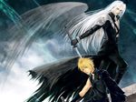  artist_request cloud_strife final_fantasy final_fantasy_vii final_fantasy_vii_advent_children katana long_sleeves male_focus multiple_boys sephiroth single_wing sword weapon wings 
