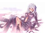  arm_support artist_request bodypaint breasts cherry_blossoms cleavage dark_sakura dress fate/stay_night fate_(series) long_sleeves lying matou_sakura medium_breasts navel object_namesake on_back red_eyes ribbon solo white_hair 