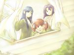  curtains from_outside fukuzawa_yumi kamikoshi_konata long_sleeves looking_at_viewer looking_out_window maria-sama_ga_miteru mizuno_youko multiple_girls ogasawara_sachiko smile traditional_media watercolor_(medium) window 