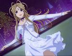 1girl aa_megami-sama absurdres artist_request belldandy city dress dutch_angle facial_mark forehead_mark goddess highres looking_at_viewer megami nail_polish neck_ribbon night open_mouth outdoors ring skyline skyscraper smile solo 