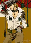  animal_print belt_buckle buckle copyright_name cowboy_hat cowboy_shot gloves grey_gloves hand_on_own_head hat jojo_no_kimyou_na_bouken leopard_print light_brown_hair looking_to_the_side male_focus mountain_tim shaapu solo star steel_ball_run tiger_print 