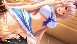  1boy 1girl black_hair blonde_hair blush breasts censored choco_chip curvy dutch_angle ero_zemi frilled_skirt frills game_cg girl_on_top hair_ribbon imminent_cunnilingus large_breasts long_hair midriff mosaic_censoring nagaoka_satomi_(ero_zemi) navel one_eye_closed one_side_up open_mouth panties panty_pull pink_panties polka_dot_ribbon pussy red_eyes ribbon sailor_collar school_uniform serafuku short_hair skirt sleeveless underwear wide_hips 