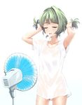  armpit_peek arms_up blush closed_eyes collarbone electric_fan green_hair idolmaster idolmaster_cinderella_girls infinote mole mole_under_eye naked_shirt shirt simple_background smile solo sweat t-shirt takagaki_kaede white_background white_shirt 