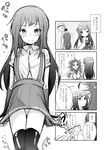  1boy 2girls 3: 4koma admiral_(kantai_collection) age_progression aikura_(twilight_dusk) asashio_(kantai_collection) blush buttons comic eyebrows eyebrows_visible_through_hair fingerless_gloves gloves greyscale hat jun'you_(kantai_collection) kantai_collection long_hair monochrome multiple_girls navel panties pantyshot remodel_(kantai_collection) school_uniform short_sleeves skirt skirt_tug spiked_hair suspenders thighhighs translated underwear wavy_mouth 