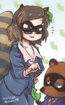  1girl :3 :d animal_ears artist_name blue_eyes brown_eyes brown_hair business_suit chamaji collarbone collared_shirt commentary_request dated doubutsu_no_mori eyebrows eyebrows_visible_through_hair formal futatsuiwa_mamizou glasses hand_on_hip highres jacket leaf long_sleeves necktie open_mouth pointing raccoon_ears raccoon_tail shirt short_hair smile smirk suit tail tanukichi_(doubutsu_no_mori) touhou v-shaped_eyebrows 