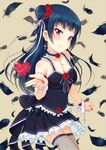  blue_hair blush cross feathers flower gothic_lolita hair_bun hair_flower hair_ornament happy_birthday heart hiro9779 lolita_fashion long_hair looking_at_viewer love_live! love_live!_sunshine!! purple_eyes smile solo tsushima_yoshiko 