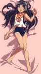  1girl barefoot black_hair blue_swimsuit brown_eyes commentary_request dakimakura full_body headgear highres i-400_(kantai_collection) kantai_collection long_hair looking_at_viewer lying one-piece_tan open_mouth orange_sailor_collar sailor_collar school_swimsuit shirt sleeveless sleeveless_shirt solo swimsuit tan tanline v william_lee 