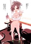  :d bottomless braid breasts brown_hair chair check_translation cleavage drink drinking_straw earrings highres jewelry large_breasts looking_at_viewer navel open_mouth original ponytail pussy pussy_juice shoes smile sneakers solo souryu tan tanline translation_request uncensored 