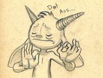  big_ears clothed clothing english_text eyes_closed front_view half-length_portrait horn imp meme monochrome pencil_(artwork) portrait text topless traditional_media_(artwork) tush tush_(character) 