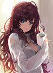  black_bra blue_eyes bra breasts buttons cleavage closed_mouth coffee cup dress_shirt eyelashes ichinose_shiki idolmaster idolmaster_cinderella_girls large_breasts lips lipstick_mark long_hair long_sleeves looking_at_viewer mossi mug pinky_out purple_hair shirt smile solo unbuttoned underwear upper_body wavy_hair white_shirt 