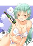  aqua_eyes aqua_hair ass_visible_through_thighs bangs bare_arms beer_bottle bikini border bottle bow bow_bikini breasts cleavage cloud cloudy_sky day dog_tags eyebrows eyebrows_visible_through_hair front-tie_bikini front-tie_top hair_between_eyes hair_ornament hairclip heart heart_hair_ornament holding kantai_collection large_breasts letterboxed long_hair navel outside_border print_bikini red_bow shade side-tie_bikini signature sky solo stomach string_bikini suzuya_(kantai_collection) sweat swimsuit thigh_gap white_bikini white_border yua_(checkmate) 